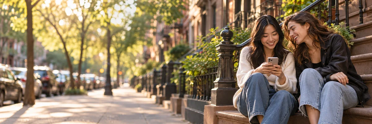 Two friends smiling on a New York City stoop, one looking at her phone